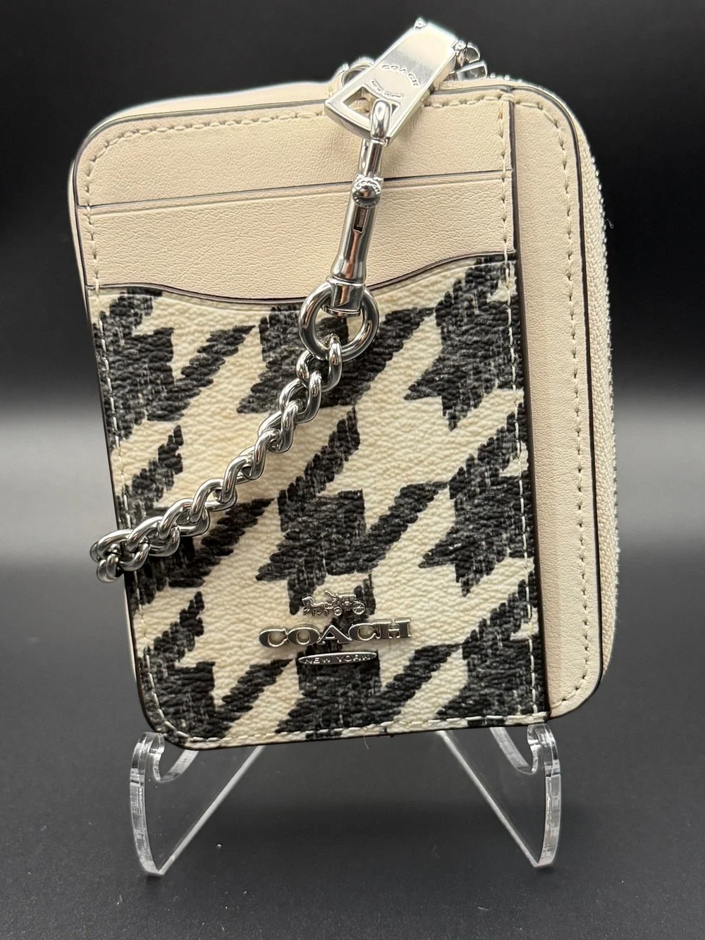 Coach Black and Cream Houndstooth Zip Card Case with Chain Clip